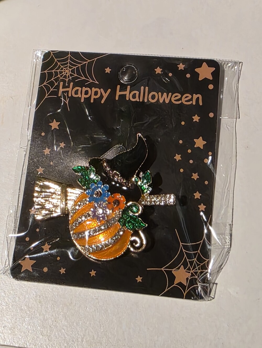 Happy Halloween Witch Hat & Pumpkin Brooch - Orange, Black, Green